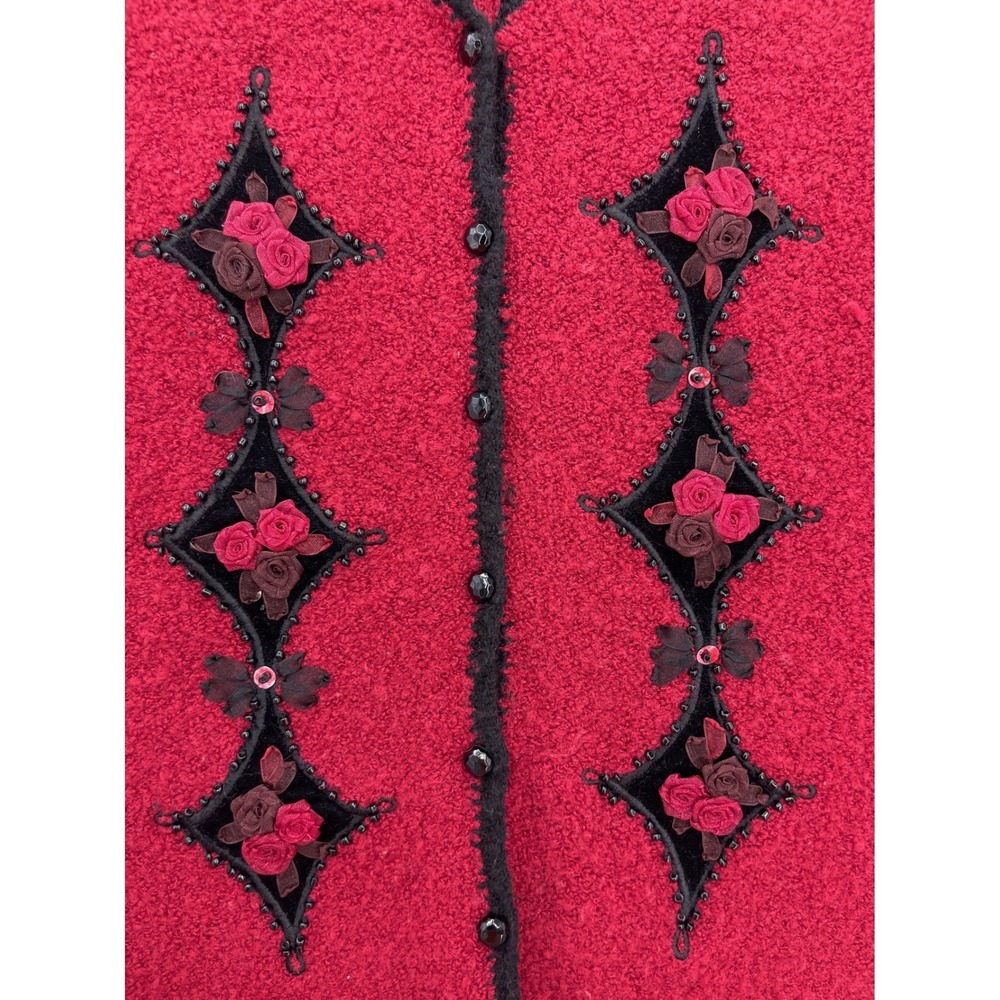 Koret Red Boucle Knit Vest L Vintage 90s Floral Ribbon Applique Beaded Diamond - Picture 3 of 8